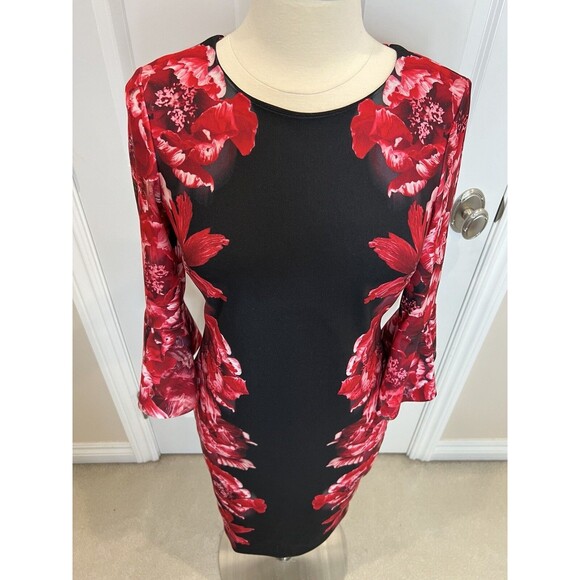 Calvin Klein womens Red Floral Black Bell Sleeve knee length Sheath Dress size 4 - Picture 2 of 11